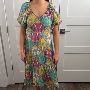 LOFT Multicolor Tropical Floral Patchwork V-Neck Midi Dress NWT Size 4 Petite
